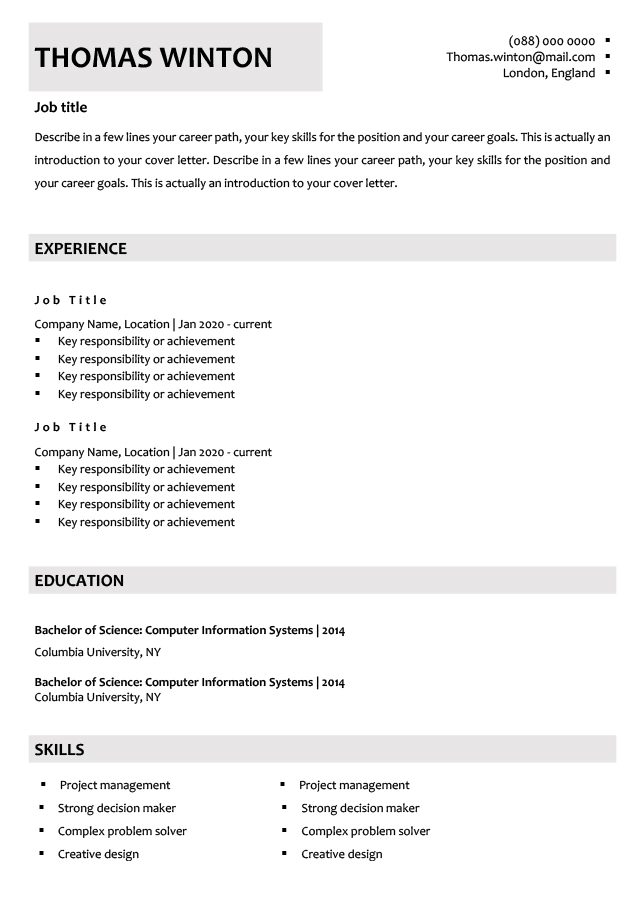 Free CV internship Word